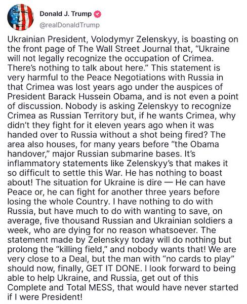 Непризнание Зеленским Крыма российским вредно для мирных переговоров - Трамп - актуальные новости по теме События в мире на Toplenta